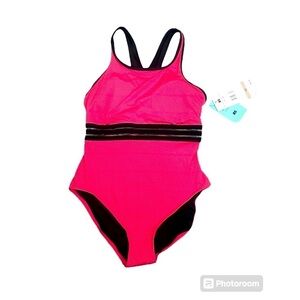 NWT Beach House Sport Hot Pink One Piece Swim Suit with Black Trim Size 12